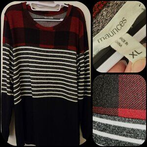 SIZE XL MAURICES	sweater colorblock plaid red black grey striped stripes